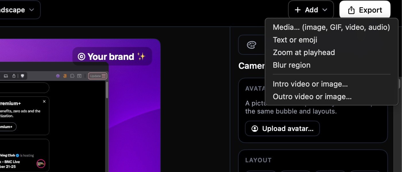 Intro- und Outro-Optionen im Menü „Add“ von Screen Famous