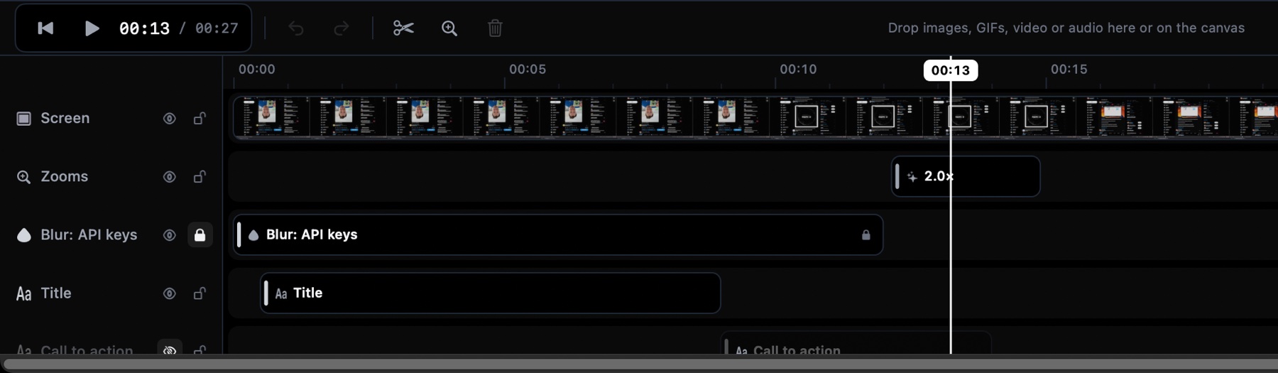 Timeline-Spuren mit Buttons zum Ausblenden und Sperren in Screen Famous