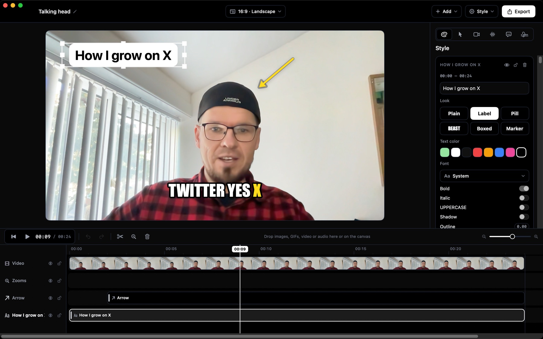 Ein Video, in dem jemand in die Kamera spricht, geöffnet im Editor von Screen Famous, mit auffälligen Untertiteln, einem Label und einem Pfeil