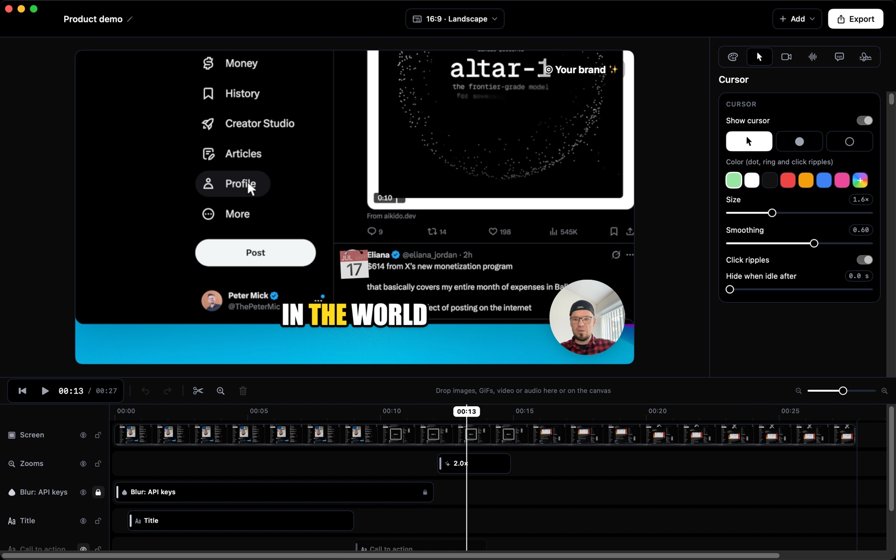 Der Editor von Screen Famous mit automatischen Zooms in der Timeline